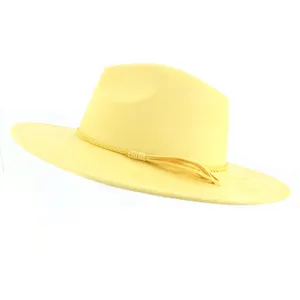 Yellow faux suede fedora hat with braided band, wide brim gentleman hat for stylish look