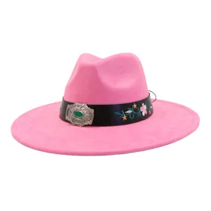 Pink suede fedora hat with embroidered band and silver buckle detail for women and men.