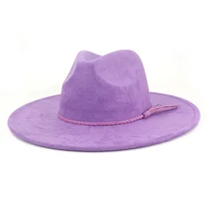Close up view of the stylish purple suede fedora hat featuring a braided tassel band detail.