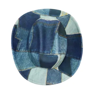 Detailed view of a stylish denim patchwork jazz fedora hat, perfect for women's sun protection.
