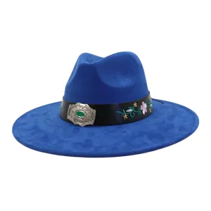 Blue western jazz hat with floral embroidery, leather band and silver gemstone buckle.