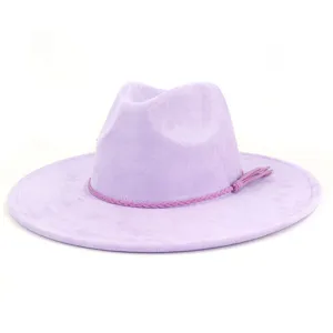 Close up of the purple suede fedora hat showing its delicate braided band and side tassel detail.