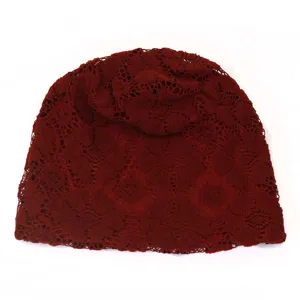 Women's dark red lace slouchy beanie hat floral crochet skull cap breathable fashion accessory