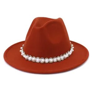 Detailed view of the elegant women wool fedora hat featuring delicate pearl beaded trim.