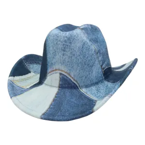 Women Western Cowboy Hat Denim Patchwork Wide Brim Sun Hat Vintage Jazz Fedora Cap Outdoor Beach Sun Protection Headwear