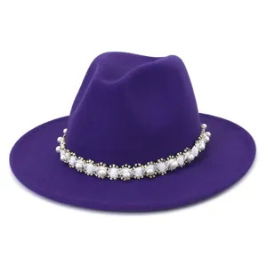 Purple wool felt fedora hat for women, wide brim jazz cap with elegant pearl bead trim for autumn.