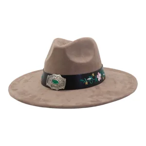 Unisex ethnic suede fedora hat with floral embroidery and vintage metal buckle flat brim.
