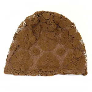 Brown lace beanie detail close up floral pattern comfortable fabric headwear accessory