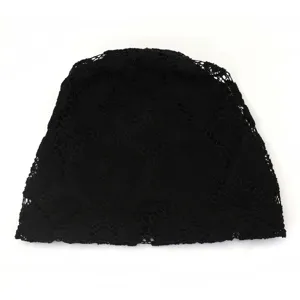 Black lace beanie hat for women, elegant floral design, breathable slouchy cap detail.