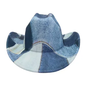 Detailed view of the stylish western denim print cowboy hat, featuring unique patchwork texture.