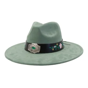 Unisex faux suede wide brim jazz hat with floral embroidery and vintage silver buckle detail.