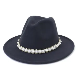 Stylish grey wool fedora hat featuring an elegant pearl beaded band for autumn winter.