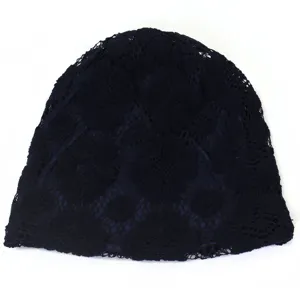 Dark blue lace beanie hat for women, elegant hollow floral pattern pullover cap, soft daily wear.