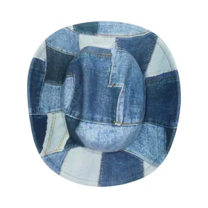 Denim patchwork cowboy hat detail view, classic blue shades, wide brim texture closeup shot.