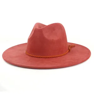 Suede fedora hat with braided band detail, wide brim vintage style for men and women.