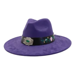 Purple suede jazz hat with black embroidered belt and vintage silver green gem buckle.