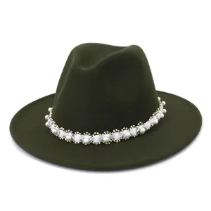 Detailed view of the dark green wool fedora featuring an elegant pearl and bead decorative band.