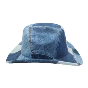Detailed view of women denim patchwork jazz hat wide brim western style fashion cap sun protect