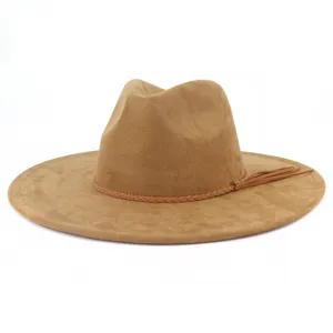 Classic suede fedora hat with braided band and tassel, wide brim western style for men and women.