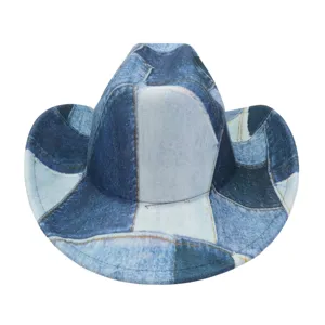 Women's Fashion Denim Patchwork Western Cowboy Hat Vintage Wide Brim Sun Beach Jazz Hat