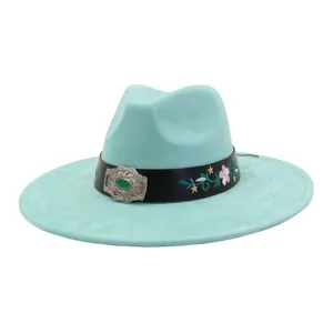 Turquoise suede wide brim jazz hat with floral embroidered black belt and vintage silver buckle.