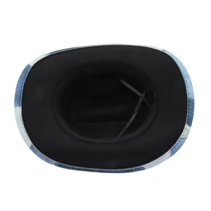 Western denim jazz hat for women, wide brim fashion sun hat, stylish streetwear accessory detail.