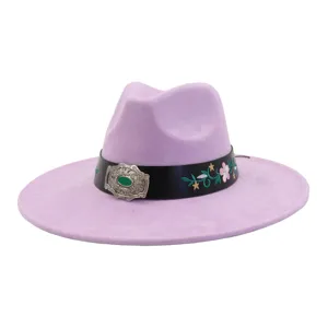 Detail shot of a light purple suede wide-brim fedora hat with floral embroidery and vintage buckle.