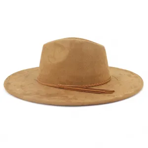 Classic brown faux suede fedora hat with braided tassel band, perfect for stylish autumn wear.