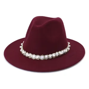 Burgundy wool fedora hat for women, wide brim winter hat with elegant pearl beaded band.
