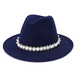 Detailed view of the elegant navy blue wool fedora hat with pearls and beads details.