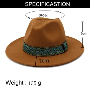 Gedetailleerd overzicht van de bruine wollen fedora hoed met blauw-gouden band, maat 56-58cm, 135g.