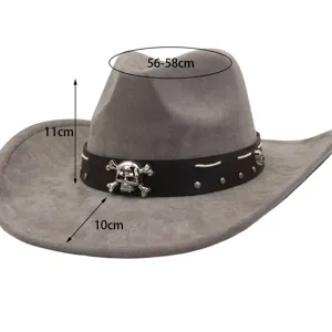 Grey suede cowboy hat with metal skull decor, wide brim fedora jazz hat for men and women