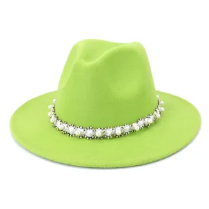 Green fedora hat detail, elegant pearl beaded band decoration, stylish wool felt material.