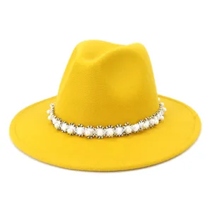 Women's yellow wool felt fedora hat with elegant pearl chain band for autumn winter fashion.