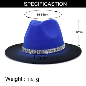 Vue détaillée indiquant les dimensions du chapeau fedora bleu élégant avec bande de strass.