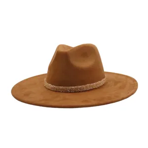 Brown suede fedora hat with sparkling beaded band for men and women stylish casual hat.