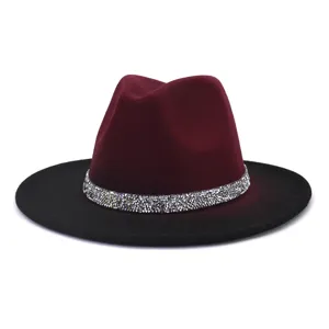Chapeau Fedora Style Britannique Unisexe Large Bord Dégradé Peinture en Spray Chapeau en Feutre Bande de Strass Chapeau de Jazz