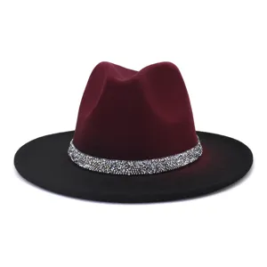 Chapeau fedora élégant en feutre de laine pour homme et femme, large bord chic avec strass.