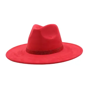 Red suede fedora hat with sparkling rhinestone band elegant wide brim jazz cap adult