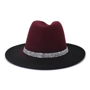 Chapeau fedora en feutre unisexe hiver rouge vin noir large bord bande strass