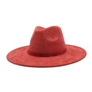 Red suede fedora hat with rhinestone band, wide brim stylish gentleman hat for men women.