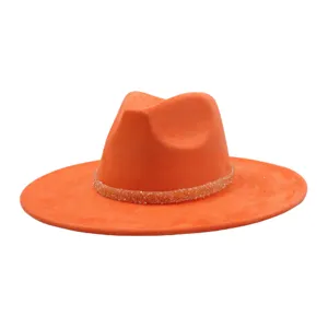 Orange suede fedora hat for women and men, stylish wide brim flat gentleman hat with bling band.