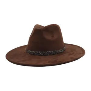 Brown suede fedora hat with glitter band, stylish wide brim jazz hat for daily wear.