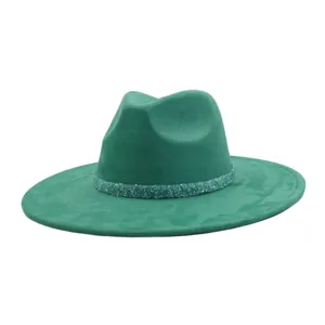 Green suede fedora hat with sparkling beaded band wide brim classic stylish headwear
