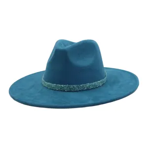 Stylish blue suede fedora hat with sparkly beaded band, wide brim fashion headwear for adults.