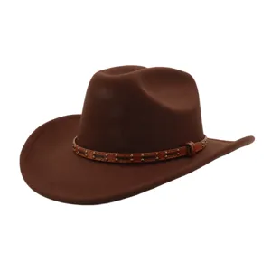 Retro brown felt cowboy hat with studded leather band, classic wide brim jazz hat detail.