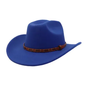 Detailed view of the blue felt cowboy jazz hat, showcasing a brown studded leather decorative belt.