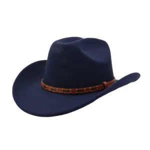 Detailed view of a classic dark blue felt western cowboy hat with a studded brown leather band.