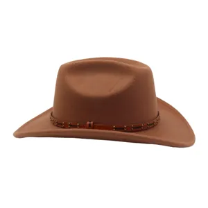 Retro brown felt wide brim cowboy hat with studded leather band for women men daily wear