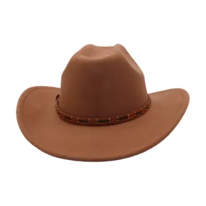Stylish vintage wide-brim felt cowboy hat for men and women, classic brown jazz cap.